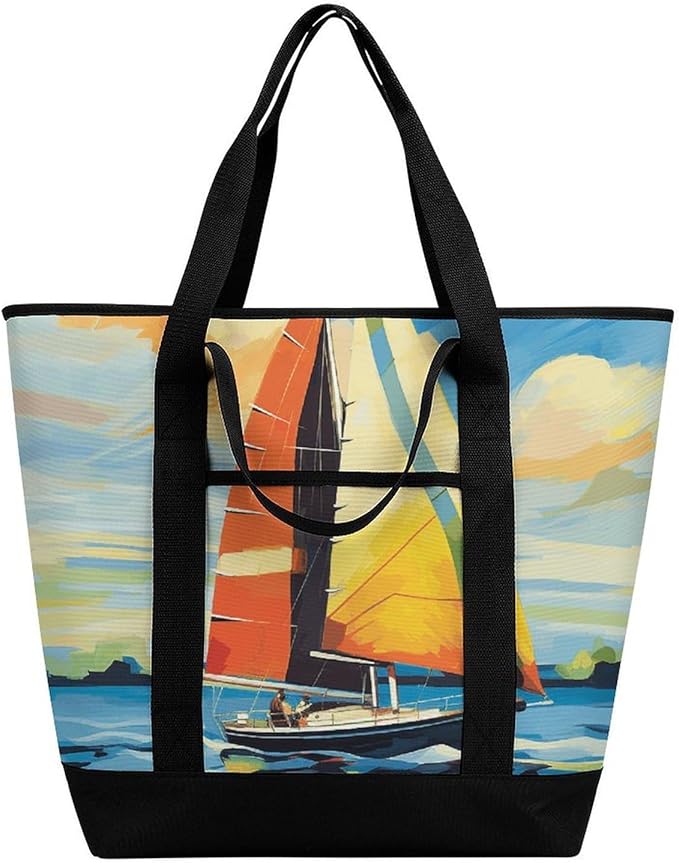 Insulated Shopping BagLarge Reusable Cooler Bags Colorful Sail Boat Printed Foldable Shopping BagTravel Waterproof Shoulder Bag