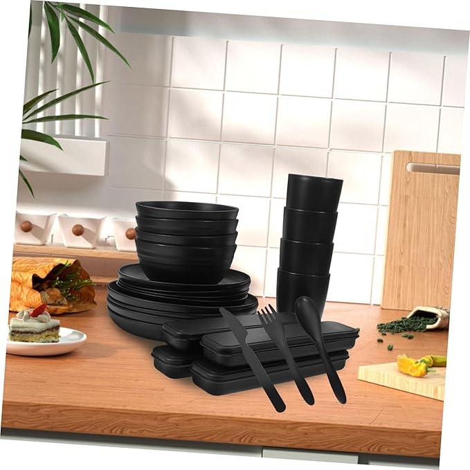 4sets Black Camping Picnic Utensil Bowl Plate Cup Cutlery Case Modern Portable Dinnerware for Outdoor
