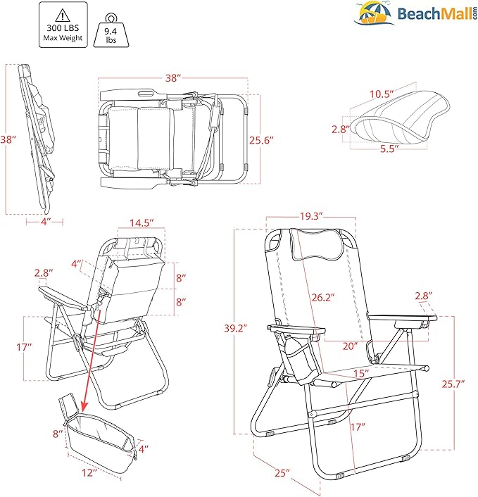 Heavy Duty Tall Beach Chair for Adults 17 High Off Ground 4-Position Reclining Insulated Cooler &amp Storage Pouch Bamboo-Finish Arms 300 lb Capacity