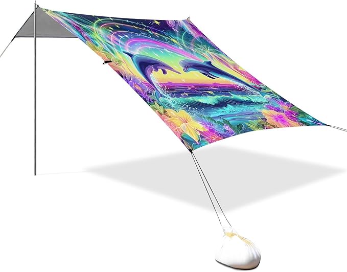 ALAZA Dolphin Tropical Summer Beach Tent Sun Shelter UPF50+ Protection Beach Shade Canopy w/ 4 Sandbags for Outdoor Camping Fishing Backyard Fun Picnic 10x9 ft
