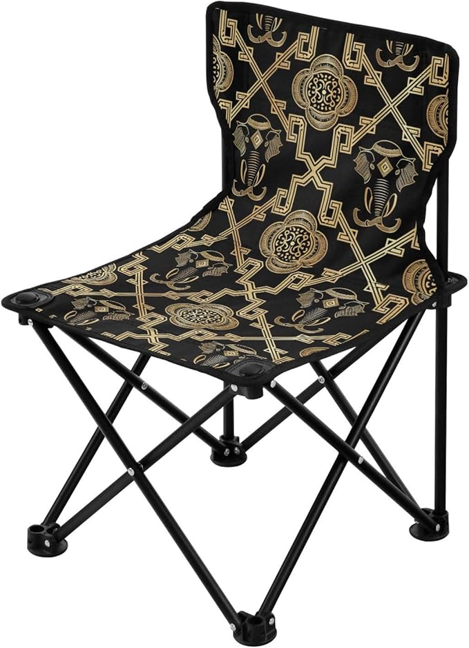 KLL Ethnic Elephant Black Gold Foldable Foldable Chairs Ultra-Lightweight Packable Chair Carry Bag Included Outdoor Chairs for Lawn Outside