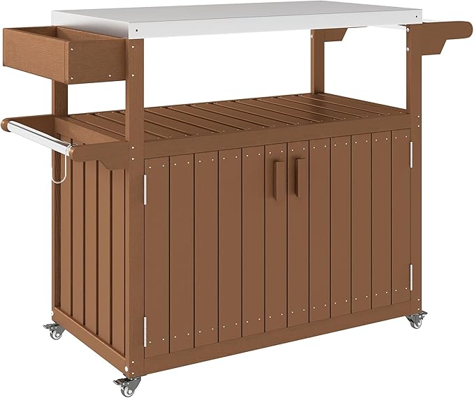 Outdoor Bar Cart with Stainless Steel Top 45.7x18.9x35in HDPE Structure 66lb Load Capacity Storage Cabinet Open Shelf Brown