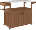 Outdoor Bar Cart with Stainless Steel Top 45.7x18.9x35in HDPE Structure 66lb Load Capacity Storage Cabinet Open Shelf Brown