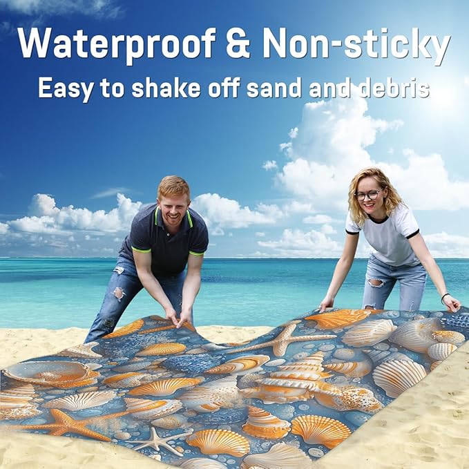 Waterproof Sandproof Beach Blanket 59''×68'' Conch Shells Polyester Outdoor Picnic Blanket with 4 Stakes &amp Storage Bag for BeachCampingVacation Oceans