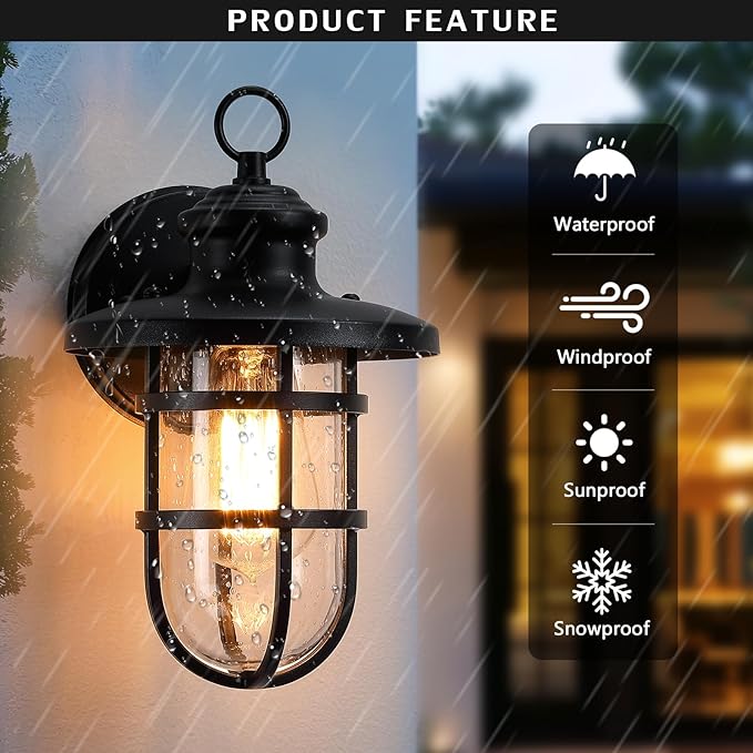 2 Pack Outdoor Wall Mount Outside Wall Sconce Lighting Fixture with Seeded Glass Sand Black Waterproof Exterior Light for Porch DoorwayHallway Garage YardPatio