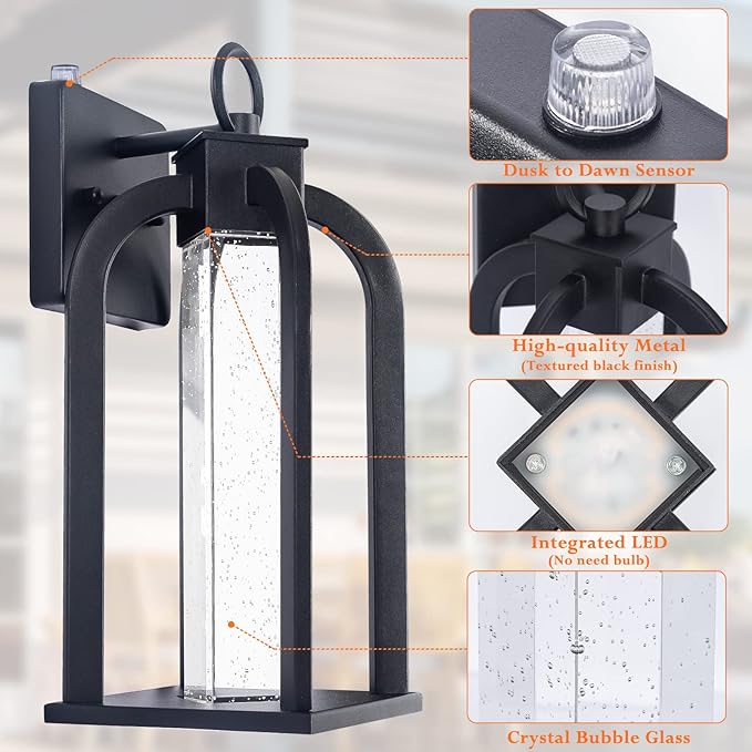 Dusk to Dawn LED Outdoor Wall Light 14 Black Wall Lantern with Crystal Bubble Glass Exterior Light Fixture with Photocell Sensor IP65 Waterproof Anti Rust Outdoor Lighting for House Garage Porch