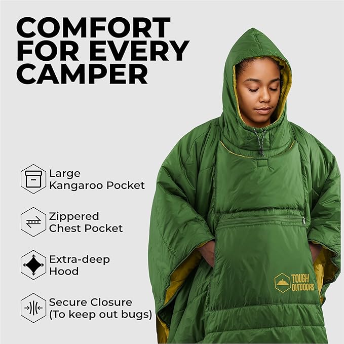 Tough Outdoors 5 in 1 Camping Poncho - Packable Blanket - Wearable Sleeping Bag Adult - Sleeping Bag Poncho - Waterproof