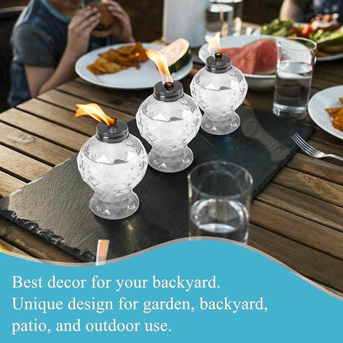 tewei 4 Pack Clear Table Top Light Torches Outdoor Mini Glass Torche Lanterns Light for Outside Easy to Refill Citronella Torches for Garden Patio Yard Party