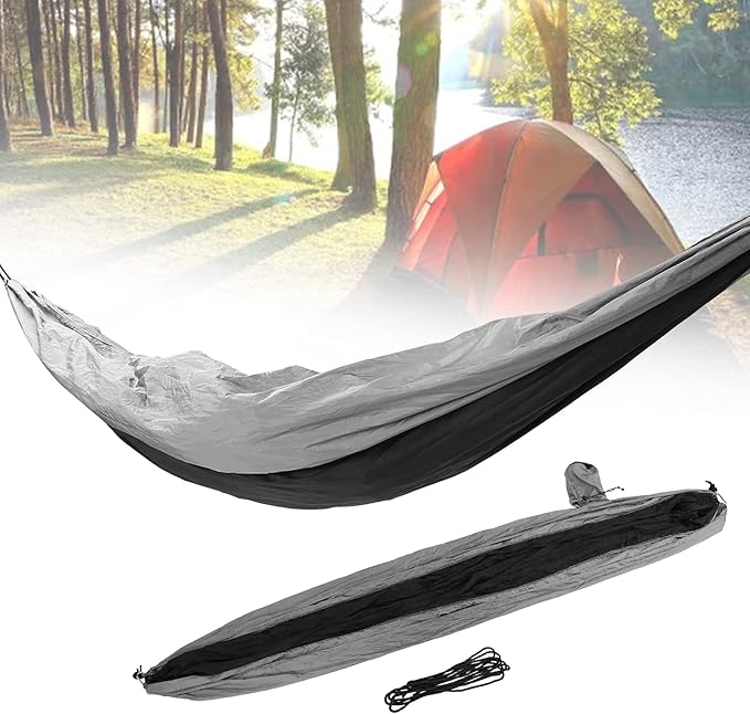 Camping Hammock Portable Outdoor Single Double Hammocks 260x140cm Black - High Strength Nylon Fabric Easy Setup for Hiking and Travel