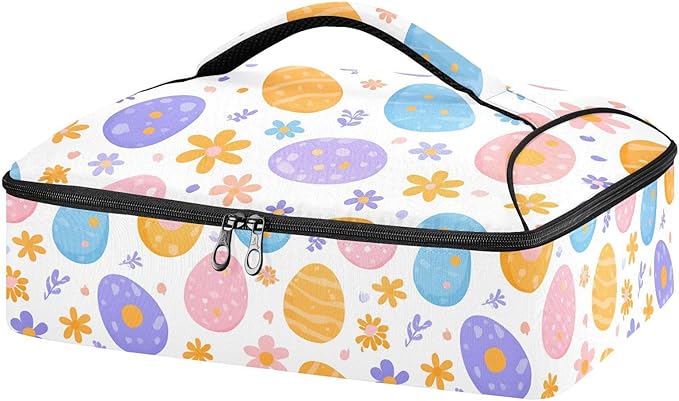 Casserole Carrier Cute Easter Colorful EggsInsulated Casserole Carrier for Hot or Cold Food Thermal Lunch Tote for Potluck Parties Picnic Beach Fits 9 x 13 Inches Baking Dish