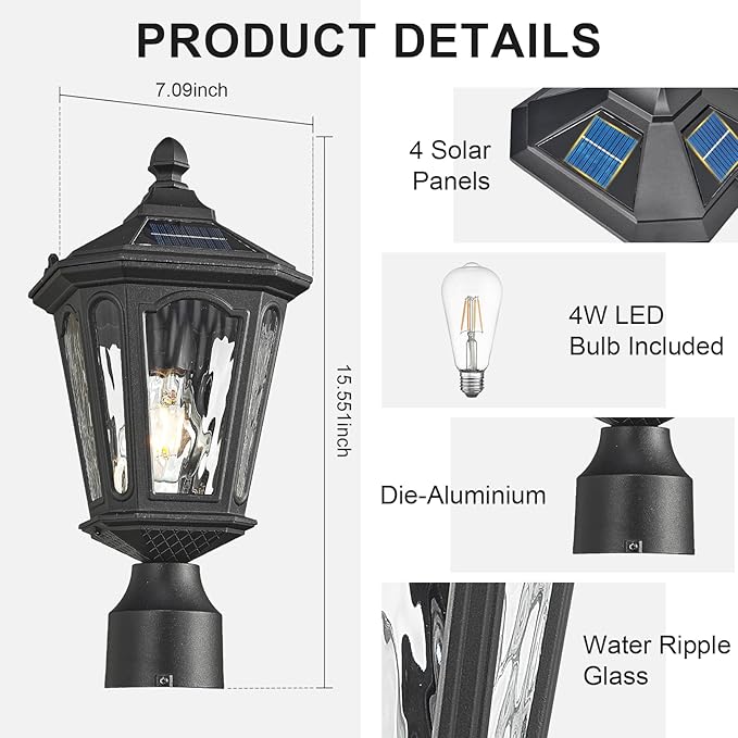 LED Post Solar Light Outdoor Dusk to Dawn Waterproof Pole Lighting with Remote Control Exterior Pillar Lantern 3 Lighting Modes Outside Solar Lamp for Patio Porch Garage Garden Pathway