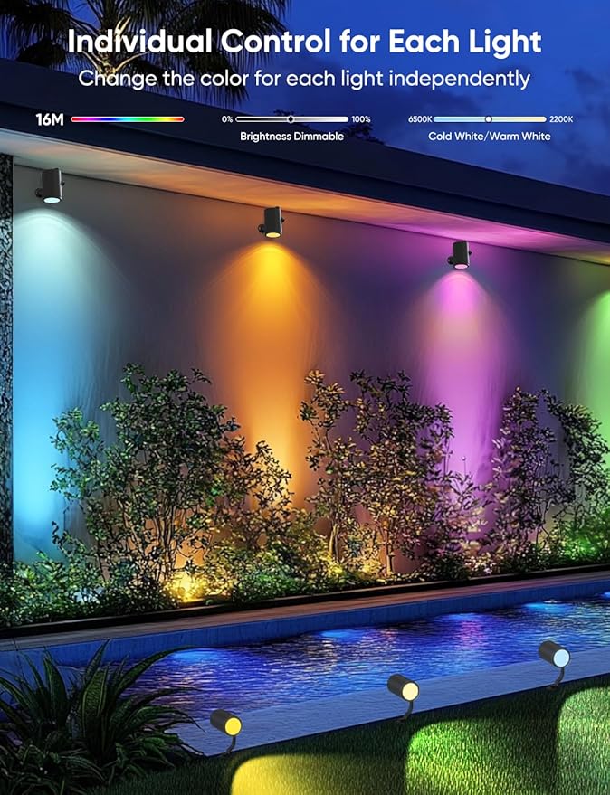 APPECK Smart Outdoor Spot Light 600lm RGBCW+IC Color Changing Landscape Lights 2 Pack IP65 Waterproof Low Voltage Landscape Lighting App/Voice Control for Garden Pathway Yard Christmas Decor