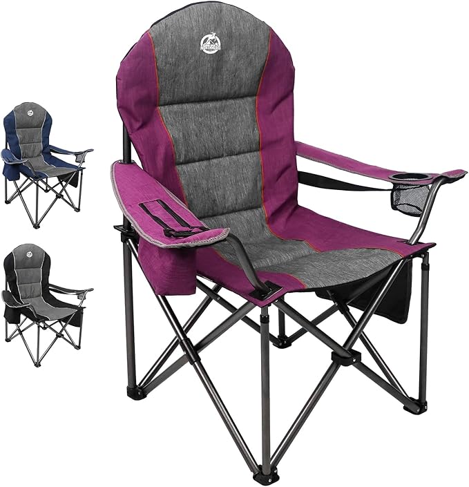 Northroad Oversized Portable Camping Chair Full Padded Outdoor Folding Chair Support 350 LBS Heavy Duty Lawn Chair with Cup Holder Cooler Bag Lumbar Support Head Pocket for Adult (Purple)