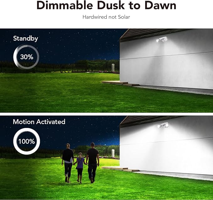 OREiN 2 Pack Motion Sensor Outdoor Lights 450° Superwide Adjustment Dimmable Dusk to Dawn Flood Lights Outdoor 5000K 12W=150W Outside LED Security Lights IP65 White (Hardwired)