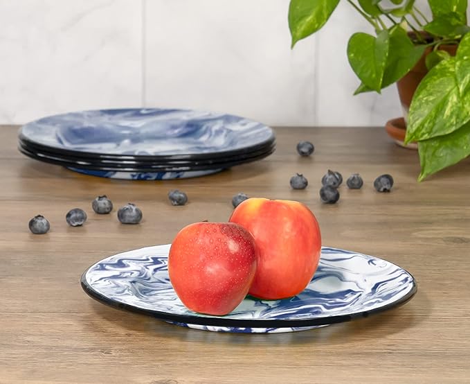 Red Co. Set of 4 Enamelware Metal Classic 10 inch Round Dinner Plate Navy Blue/Black Rim - Swirl Design