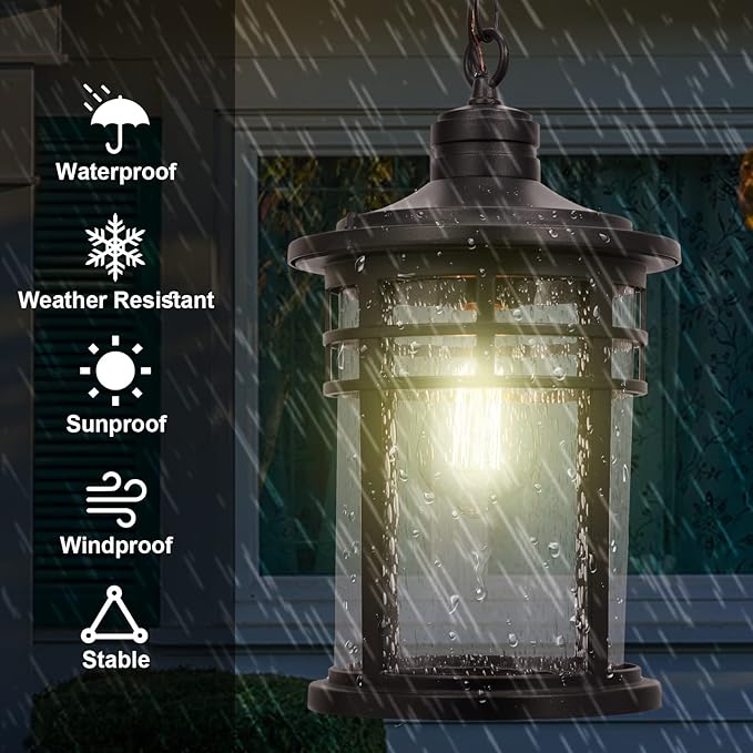 Darkaway Large Outdoor Pendant Lights 15inch Outdoor Chandelier Hanging Porch Lights Outside Ceiling Mount Aluminum with Seeded Glass for Front Door Gazebo Patio (Large Black)