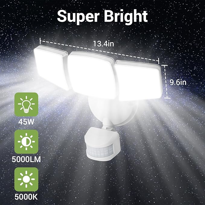 NOVOSTELLA Security Lights Motion Sensor 1Pack LED Flood Lights Outdoor with Remote Dusk to Dawn 45W 5000lm 5000K 3 Heads Wired Wall Adjustable Floodlights IP65 Waterproof for Garage Yard House