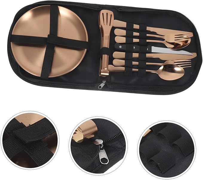 Ciieeo 1Set Outdoor Stainless Steel Tableware with Elegant Finish and Storage Bag for Camping Picnics and Adventures