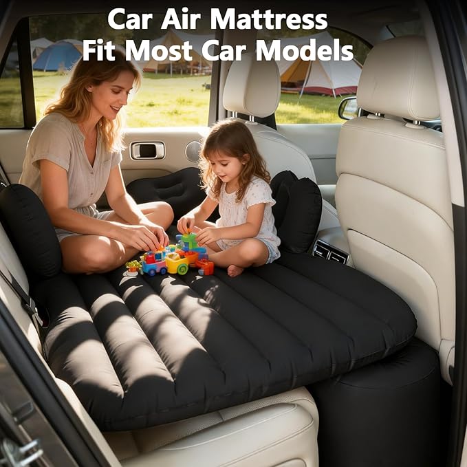 Thickened Inflatable Car Bed Air Mattress with Safety Side Wedge/Built-in Air Pump &amp 2 Pillows/Back Seat Camping Sleeping Pad for SUVs and Sedans/Portable Foldable Airbed for Travel/Black