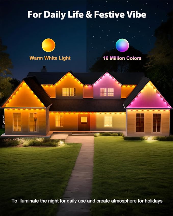 Permanent Outdoor Lights for House 50ft RGB Smart LED Eave Lights with APP &amp Remote Control IP67 Waterproof for Outdoor Decorations Including Halloween Christmas and Daily Lighting