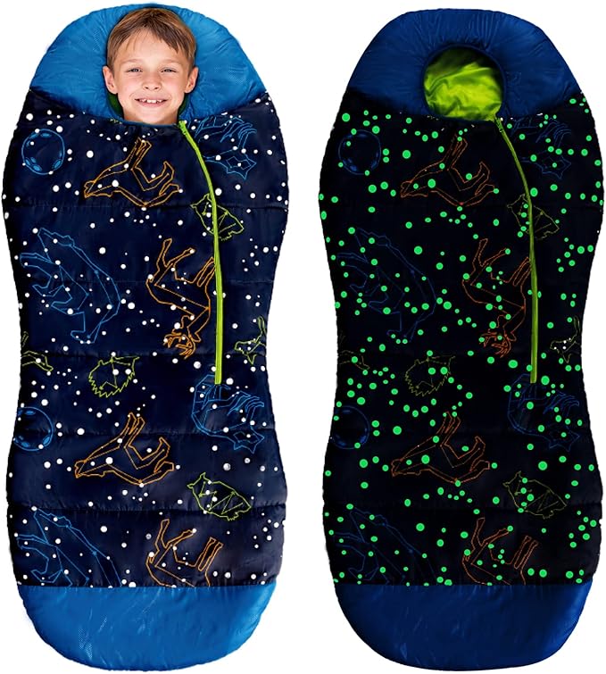 AceCamp Glow in The Dark Mummy Sleeping Bag for Kids and Youth Temperature Rating 30°F/-1°C Water-Resistant for Camping Hiking and Slumber Party