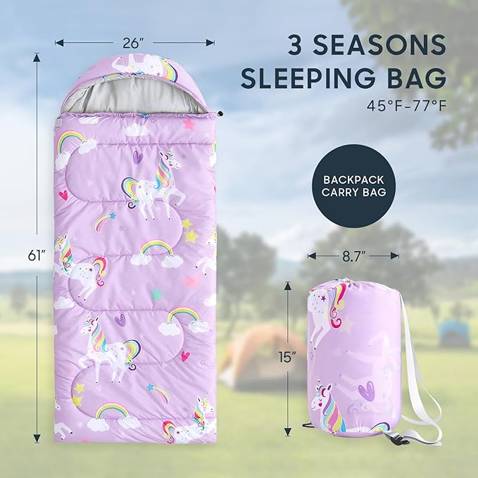 Wake In Cloud - Kids Sleeping Bag for Girls Toddlers Camping in Warm Cold Weather Backpacking Lightweight Compact Outdoor Liner for 3 Seasons Unicorns Rainbow Clouds
