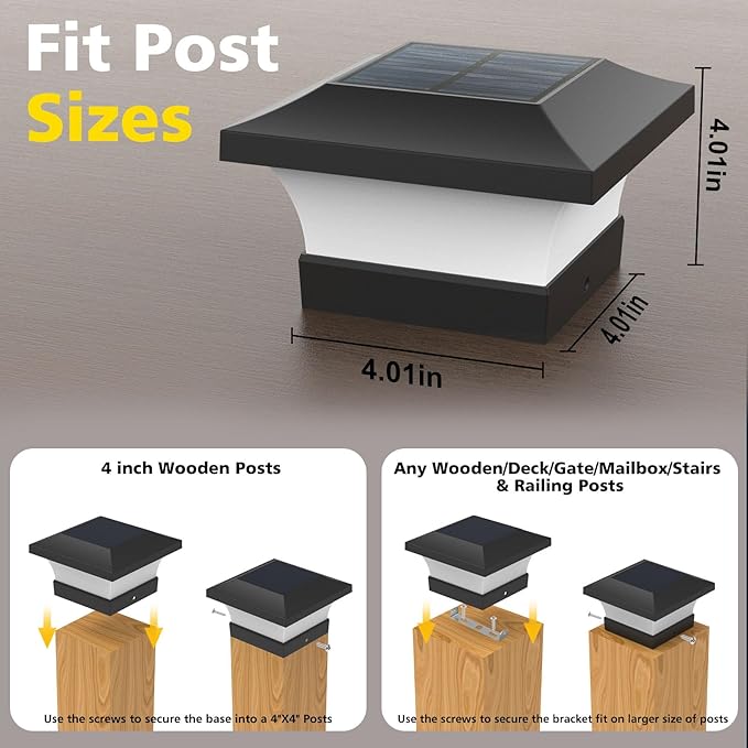T-SUN Solar Post Lights Outdoor Waterproof Solar Post Cap Lights for 4X4 5X5 6X6 Wooden Posts6000K White LED Lighting Deck Patio Garden Decor or Fence(6 Pack)