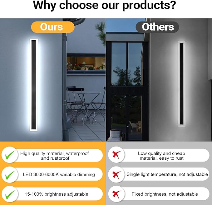 Modern Outdoor Wall Light 71 Inch 3000K-6000K Dimmable Outdoor Wall Lights IP65 Waterproof Black Exterior Sconces Wall Lighting for House Porch Garage Patio Garden