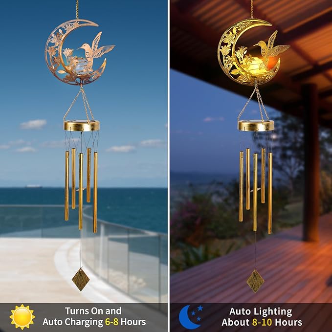 Moon Hummingbird Wind Chime Outdoor Handcrafted Metal Garden Wind Chimes with Hummingbird Charms Melodic Wind Bells for Patio Porch Decor Weatherproof Gift for Nature Lovers &amp Bird Watchers