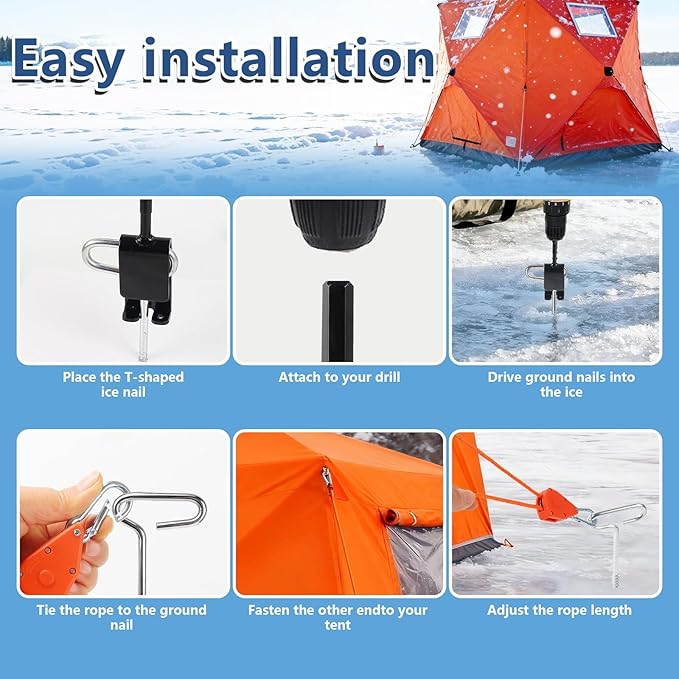 Heavy Duty Ice Anchor Drill Adapter Tool Kit 19Pcs Stainless Steel Tent Stakes Set with 13FT Ratchet Ropes Tent Hooks Canvas Bag for Ice Fishing Shelter Setup (8Pcs Tent Stakes+6Pcs Rope Roller)