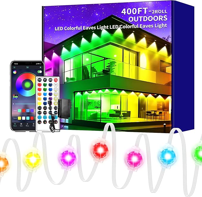 400ft Permanent Outdoor LightsRGB Eaves LightsDIY Scene Modes IP67 Waterproof Outside Under Eave LightingSmart Christmas Light for Outdoor DecorGarden DecorHouseParty(Two 200ft Rolls)