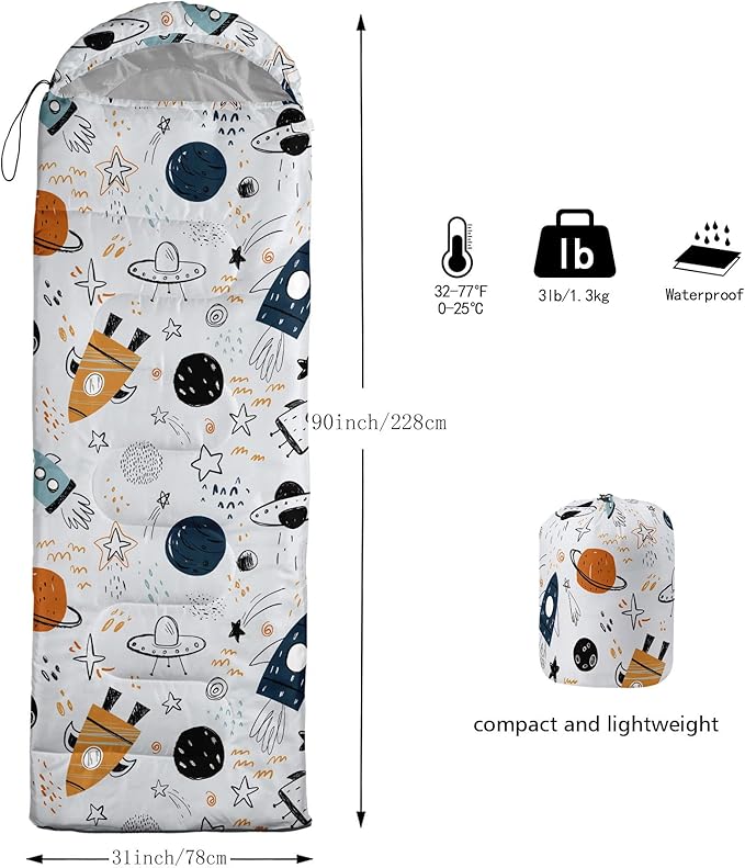 Kids Sleeping Bag for Boys GirlsCartoon Spaceship Print-Lightweight Warm Portable Outdoor Indoor-Waterproof Cold Weather Resistant Sleeping Bag for Camping Hiking(Spaceship)