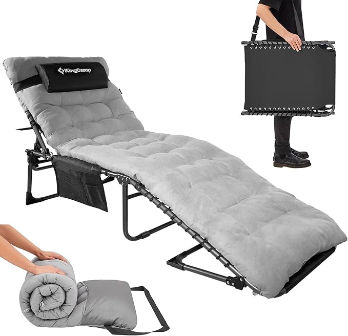 KingCamp Folding Outside Patio Lounge Chair with Comfortable Pad Adjustable 4-Position Adults Reclining Folding Chaise with Pillow Portable Camping cot for Patio Pool Beach Sunbathing Deck Lawn