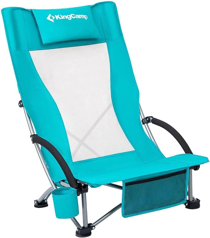 KingCamp Low Beach Chair High Back Folding Camping Chair for Adults Oversized Breathable Mesh Seat 300lbs Heavy Duty Portable Chair with Cup Holder &amp Storage Pockets for Beach Outdoor