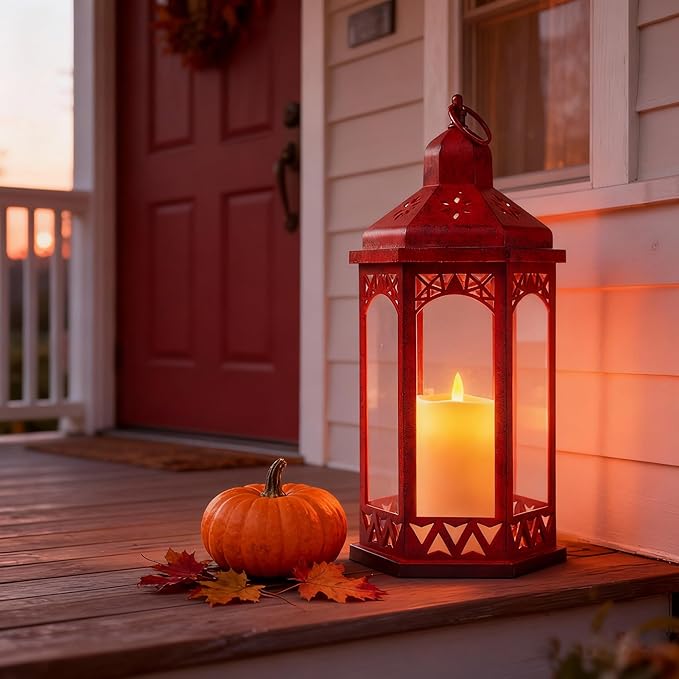 Candle Lanterns Outdoor Lanterns Decorative Indoor for Porch with Flickering LED Candles Hexagonal Battery Operated Lighting with Hanging Hook Perfect for Party Decor