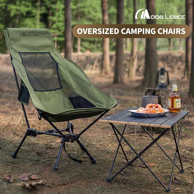 MOON LENCE High Back Folding Camping Chair 330lbs Portable Compact Chair with Wide Seat &amp Ergonomic Back Support (Khaki)