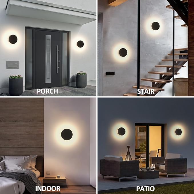 2 Packs LED Wall Light Outdoor Indoor Modern Wall Sconce Mini Sconce Outdoor Wall Lights Aluminum Waterproof Black Wall Mount Light LED Wall Sconces Warm White 3000K (Round)