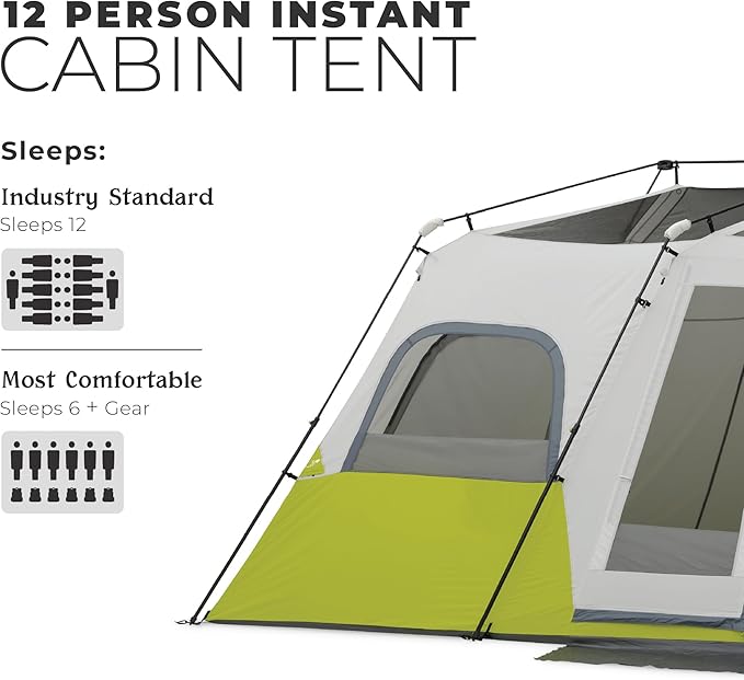 CORE Instant Cabin Tents | 6 Person / 9 Person / 10 Person / 12 Person Family Cabin Multi Room Pop Up Tents Car Camping | Included Storage Pockets for Camping Accessories
