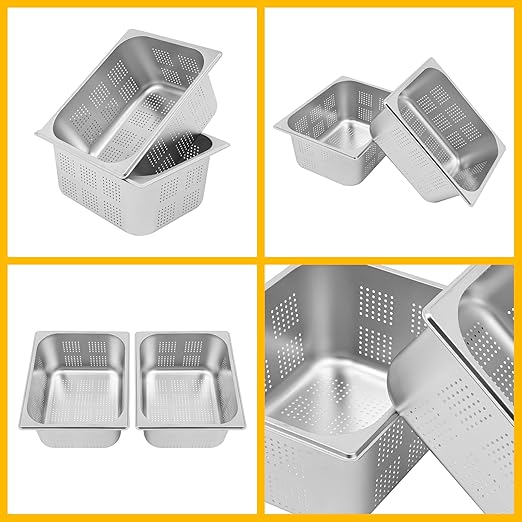 Hotel Pans 2-Pack 1/2 Size Stainless Steel Perforated Steam Table Pan 6 Deep 8L/8.46Qt Food Grade Anti-Jam Commercial Buffet Pan for Kitchen Drain &amp Steam Vegetables Dishwasher &amp Oven Saf