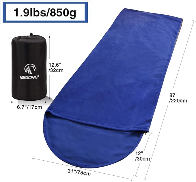 REDCAMP Fleece Sleeping Bag Liner with Hood Great for Adult Warm or Cold Weather 87 Long Full Sized Zipper Camping Blanket for Outdoor Blue