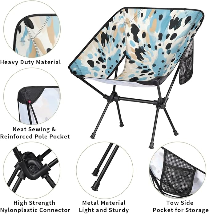 Portable Camping Chair Blue Black Print Ultralight Folding Camping Chair Backpacking Hiking Chair with Cup Holder for Outdoor Travel Beach Picnic Festival Compact Portable 176 lbs Capacity