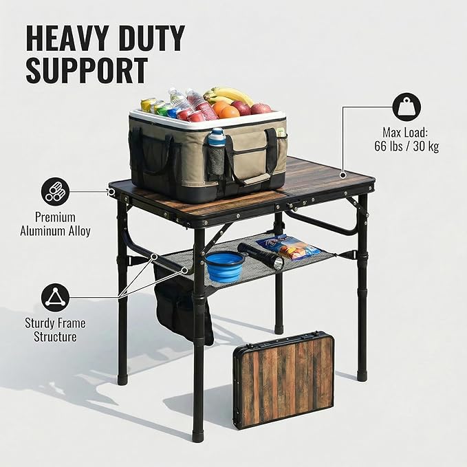 Small Folding Camping Table 2ft Portable Picnic Table Aluminum 24 x 16 Folding Table 3 Adjustable Heights Portable Lightweight Table Dining Table for RV Picnic Beach (Wood Grain)