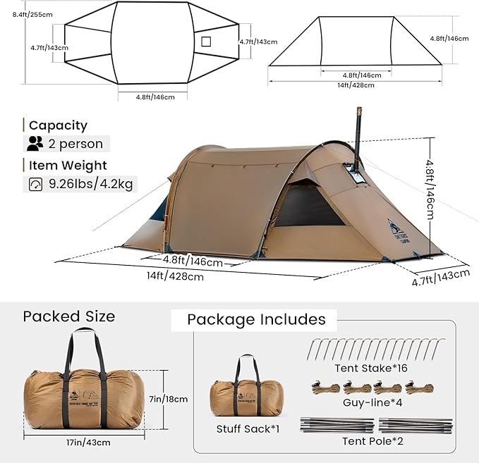 OneTigris Raven NEST Hot Tent with Stove Jack Spacious Waterproof 2 Person Tunnel Tent for Camping Hiking Backpacking Bushcraft