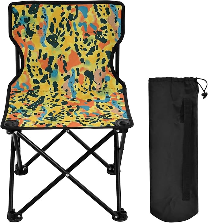 Leopard Spots Orange Black Compact Portable Chairs for Adults Ultra Lightweight Youth Camping Chair Includes Carry Bag Portable Chair for Waiting in Line for Concert Fishing
