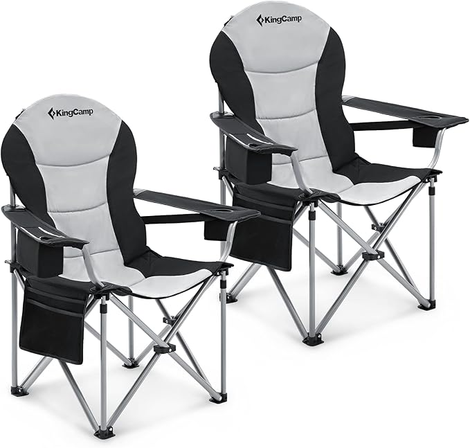 KingCamp Folding Portable Camping Chairs Oversized Padded Quad Arm Chair with Cooler Bag Cup Holder and Side Pocket Heavy Duty Supports 300 lbs for Outdoor Lawn Fishing Sports