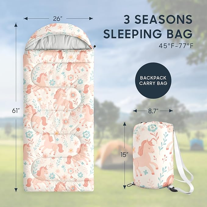 Wake In Cloud - Kids Sleeping Bag for Girls Toddlers Camping in Warm Cold Weather Backpacking Lightweight Compact Outdoor Liner for 3 Seasons Unicorn Garden Flowers