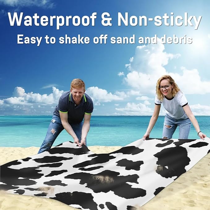 Cow Print Lightweight Beach Blanket Waterproof Sandproof 59X68 Sand Free Beach Mat with 4 Stakes Compact Outdoor Blanket for Beach Quick Drying Picnic Mat for Travel Camping