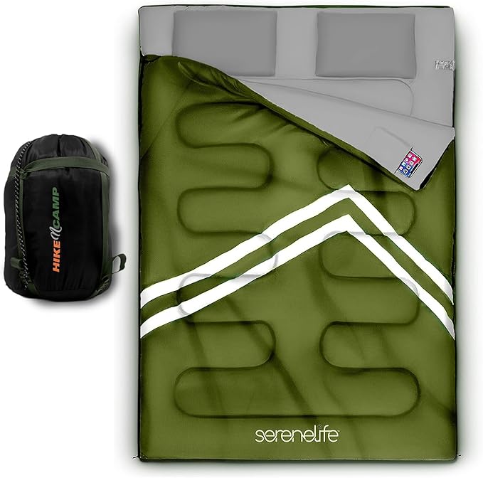 SereneLife Backpacking Sleeping Bag Camping Gear-Double Sleeping Bag For Adults/Teens W/2 PillowsBag-Outdoor Lightweight Weather Proof Sleeping Bags For CampingBackpackingHiking-SereneLife SLSBX9