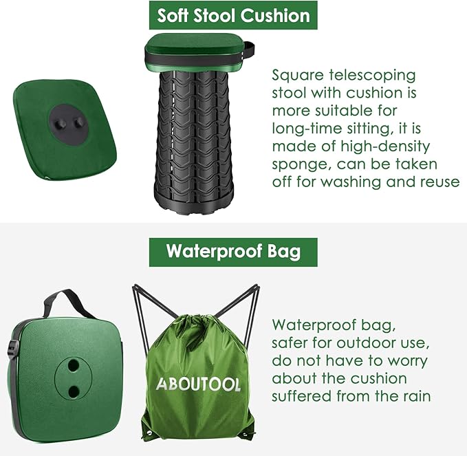 Folding Camping Stool Square Collapsible Portable Stool with Elastic Seat Cushion&amp Adjustable Nylon Bag Sturdy Lightweight Telescoping FoldableMax Load 485lb (Green)