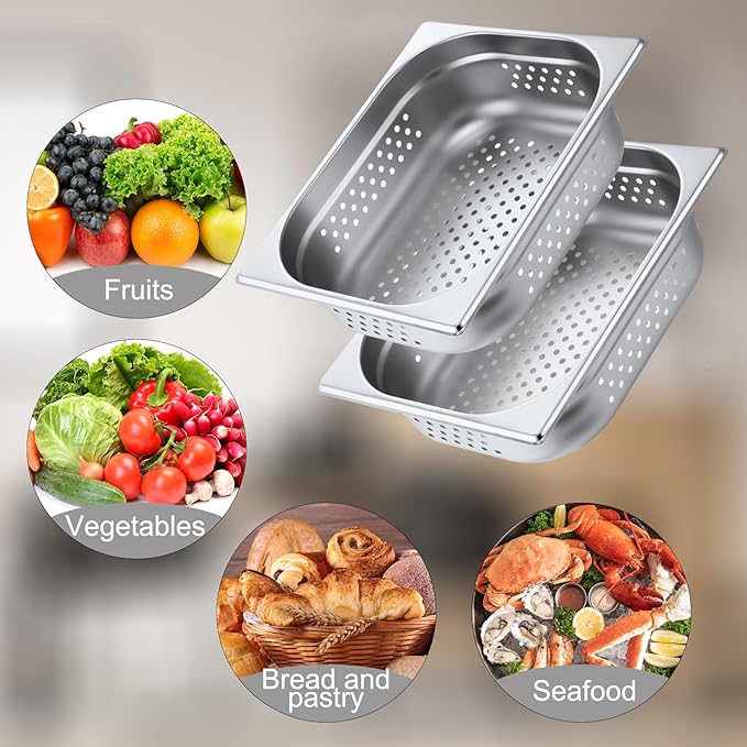 Lounsweer 2 Pack Half Size Hotel Pans Perforated Steam Table Pan Stainless Steel Half Steam Pan Commercial Catering Food Pan for Kitchen Restaurant Serving Supplies(12.8'' x 4'' x 10.43'')